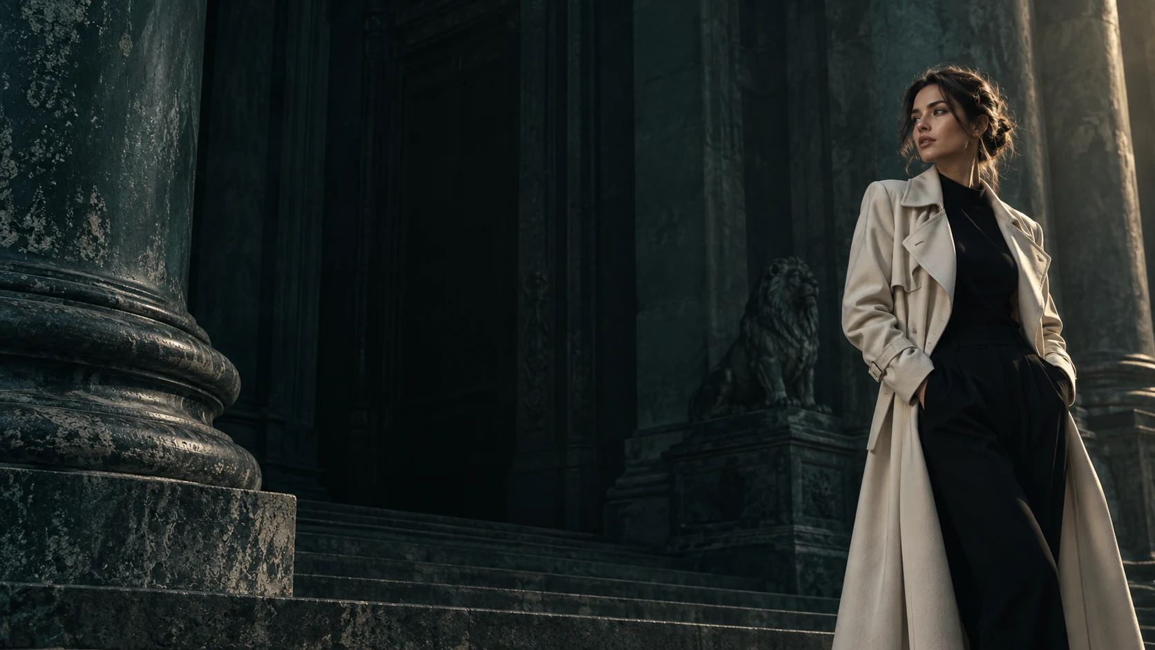 A woman in an ivory coat beside monumental dark stone columns