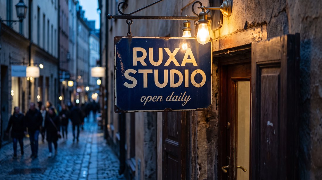 Ruxa Studio-skilt på en gade i skumringen, en kreativ reference lavet med Nano Banana 2